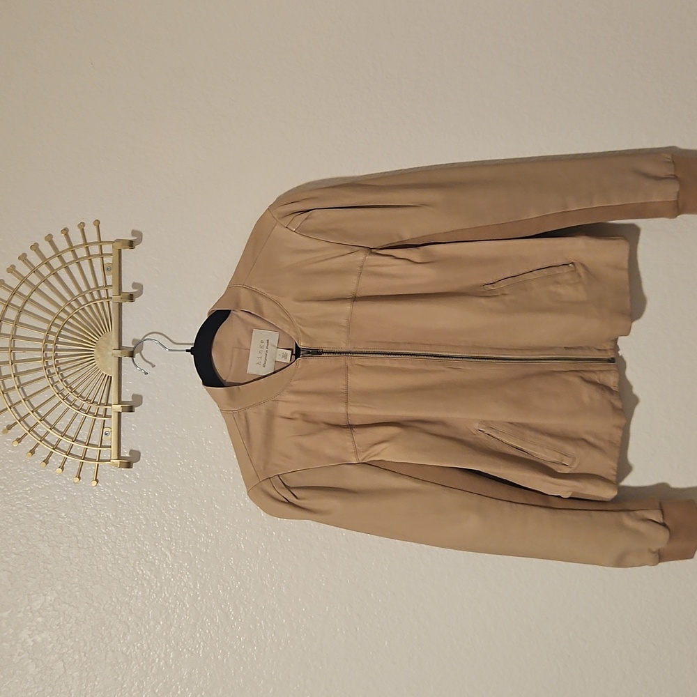 Hinge Beige Leather Bomber Jacket